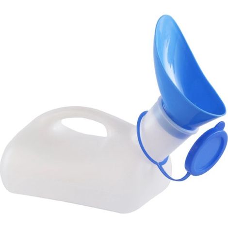 Orinal femenino: embudo portátil unisex para orinar de 1000 ml con tapa a prueba de fugas, para emergencias, análisis de orina, viajes (1/4)
