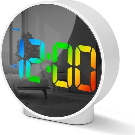 Digital Alarm Clock with LED Curved Screen, Round Digital Modern Morning Alarm Clock with 2 Alarms, Snooze Function, 12/24H, 4 Adjustable Brightness for Bedroom Office Living Room, Colorful Numbers (1/4)
