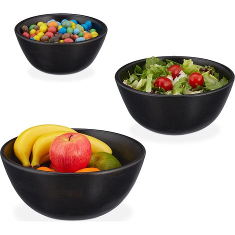 Saladier, Lot de 3, Bois de manguier, diamètre de 18, 23 et 28 cm, Bol pour Salade, Snacks, Fruits, Noir (1/5)