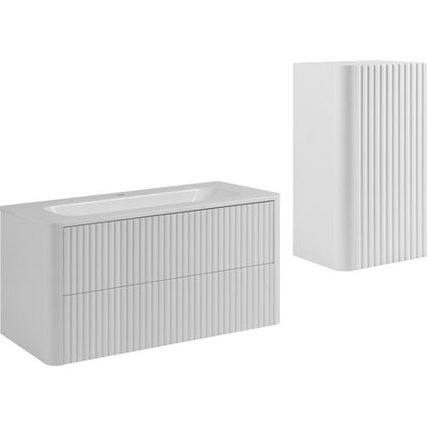 Ensemble de meubles de salle de bain, 2 tiroirs, 1 porte, fermeture douce, façades rainurées, Blanc, 100,3 x 43,7 x 48,4 cm (1/5)