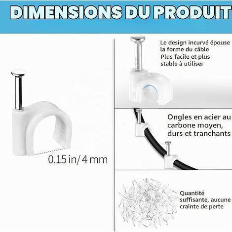 Cavalier Cable Electrique : Pièces Blanc Clous Acier. Diamètre 4Mm. Fixation Câbles Électriques Muraux. Attaches Clips Organisation Câbles. (1/4)