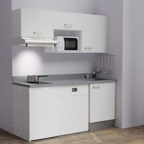 Kitchenette K55L - 180 cm - emplacements hotte, micro-ondes, frigo et lave-vaisselle-Blanc-Cromo-évier à droite