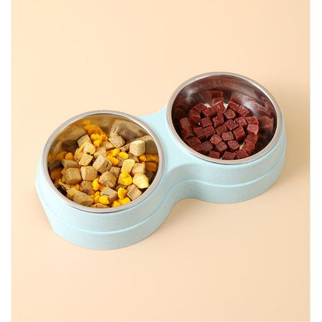Gamelle pour chien mignonne fournitures pour animaux de compagnie bol d'alimentation rond antidérapant en acier inoxydable pas facile à renverser deux bols (Couleur : bleu) (1/4)