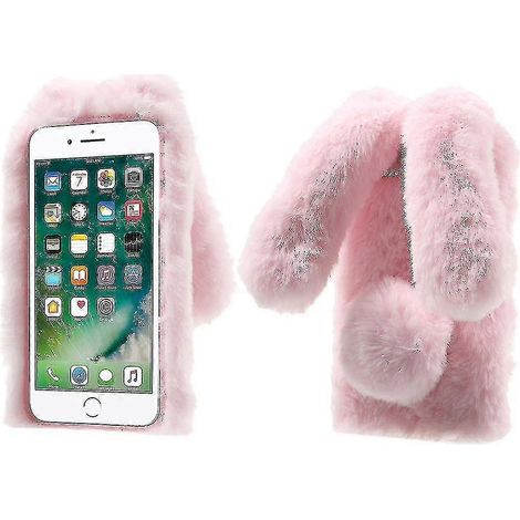 Handyhülle aus TPU in Hasenform mit warmem Fellbezug für iPhone SE (2020)/SE (2022)/8/7 (4,7 Zoll) – Weiß-Pink