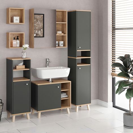 Set mobili bagno Senyo, Antracite, 5 parti, con armadio alto, Vicco