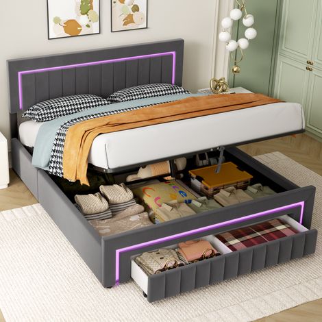 Cama tapizada 160 x 200 cm con cajones e iluminación LED, ofrece un soporte estable y mejora el confort del sueño. (1/5)