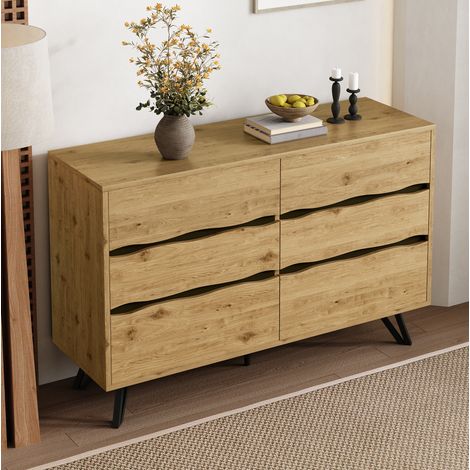 Buffet en panneaux de particules effet bois, 6 tiroirs, pieds métal noir, 120 x 40 x 75,5 cm (1/5)