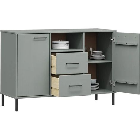 Buffet de Salle à Manger en Bois Massif avec Pieds en Métal, Meuble de Rangement Moderne Gris 113x40x77 cm (1/5)