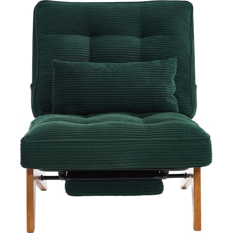 Fauteuil lounge réglable sans dossier, avec repose-pieds, coussin lombaire et pieds bois – Velours côtelé vert foncé, pour salon ou chambre (1/5)