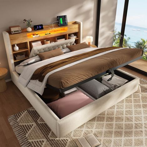 Lit coffre 160x200 cm Lit adulte Tête de lit rembourrée avec LED étagères rangement et port USB -C Meubles de chambre Beige (1/5)