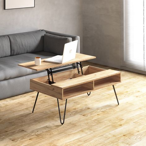 Table basse relevable 120x60 cm – 2 niches de rangement – Panneaux de particules – Pieds métal noir – Design moderne et minimaliste (1/2)