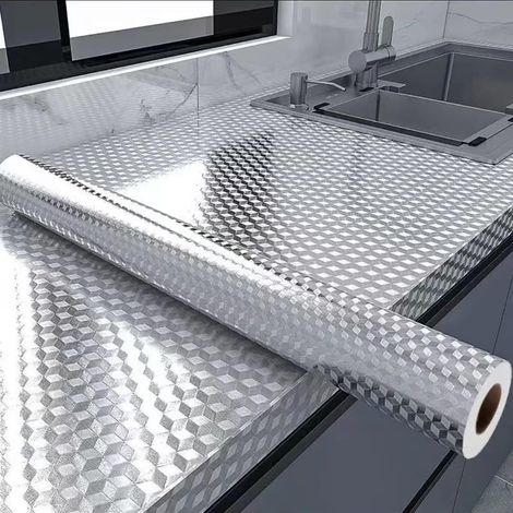 (15,7 po x 197 po)Papier peint autocollant en aluminium imperméable et résistant à l'huile pour la cuisine, bureaux et armoires, amovible