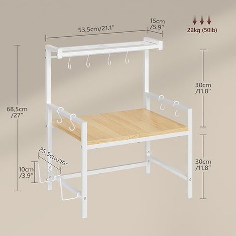 Étagère Micro-Ondes Cuisine, Support Pour Micro-Ondes à Niveaux, Étagère de Plan de Travail Pour Micro-Ondes, Étagère de Boulangerie avec Panneau Grillagé et Crochets Amovibles, Blanc