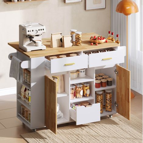 Isola da cucina mobile con piano ribaltabile, 3 cassetti, bianco e legno DESVIAE (1/5)