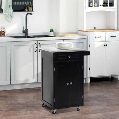 Chariot de service desserte de cuisine à roulettes multi-rangements 1 tiroir placard 2 portes avec étagère porte-torchons MDF noir acier inoxydable (1/5)