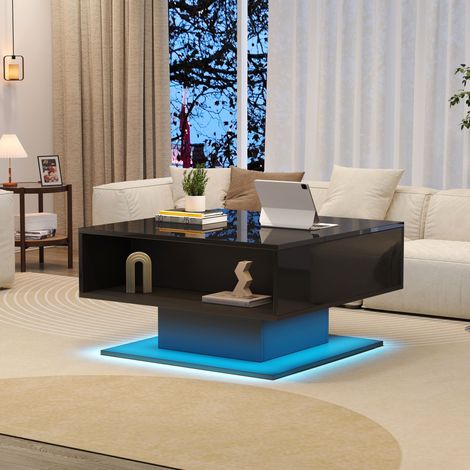 Couchtisch höhenverstellbar aus Spanplatte in Schwarz Hochglanz 80 x 75 cm mit Stauraum und LED