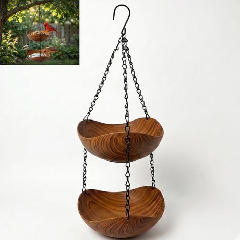 Comedero para pájaros de dos niveles, Con cadena, Diseño con vetas de madera, 80x21x8cm, porches, jardines, patios y balcones, Marrón (1/5)