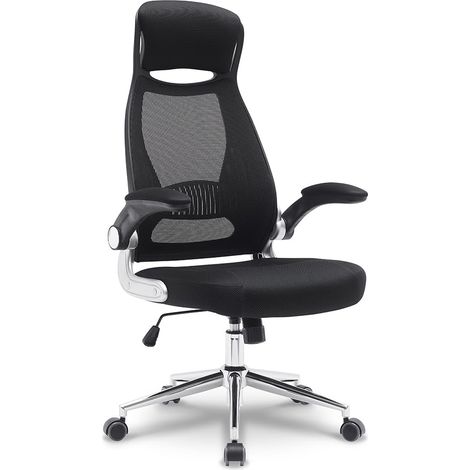 Fauteuil de Bureau Ergonomique Tissu Résille, Dossier Haut avec Appui-Tête Intégré, Accoudoirs Relevables, Soutien Lombaire, Réglable en Hauteur, Pied Métal Chromé – Noir (1/5)