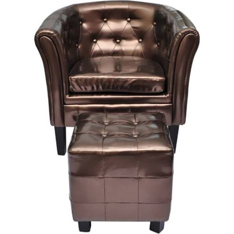 Sillón con diseño de cubo y reposapiés cuero sintético marrón