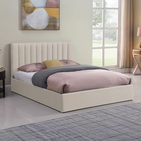 Cotecosy – Lit coffre 160cm – Sommier à lattes relevable – Tissu beige – Tête de lit rembourrée – Rangement sous le sommier (1/6)