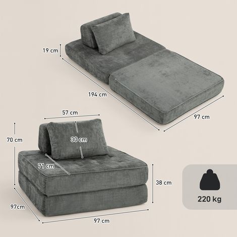 2-in-1 Boneless Cloud Schlafsessel, Klappbares Chenille-Bodensessel mit Dickem Stützkissen, Grau (1/5)
