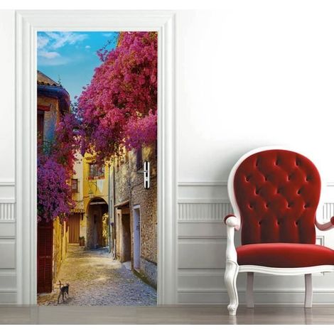 Sticker Porte Fleurs et rue Papier Peint pour Porte Stickers Trompe Loeil Papier Peint 3d Trompe L'oeil Poster de Porte L77 x H200cm (1/3)