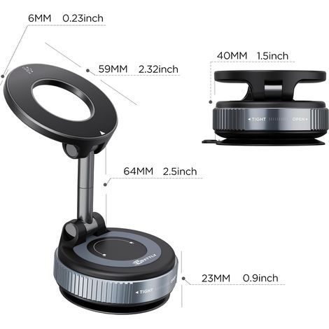 Support magnétique pliable pour voiture avec ventouse, réglable à 360° et silencieux, aimant extra puissant pour smartphones, convient pour voiture et rétroviseur... (1/4)