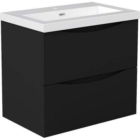 Meuble de Salle de Bain Suspendu Noir Mat 60cm avec 2 Tiroirs Silencieux, Vasque Résine, Résistant à l'Humidité, Design Moderne (1/5)