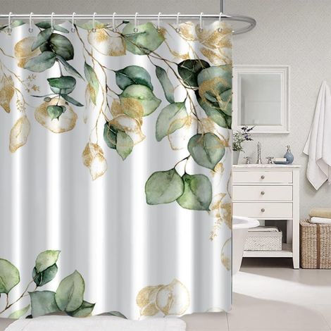 Cortina de ducha con estampado de salvia y eucalipto, diseño vegetal impermeable, hojas doradas, 72 x 84 pulgadas, incluye ganchos.