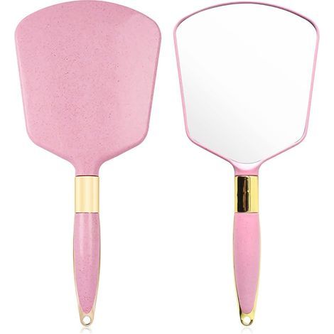 Espejo de mano cuadrado con mango cómodo, espejo portátil profesional, para baño, oficina, maquillaje, belleza (rosa) (1/5)