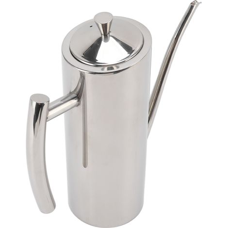 Bouteille distributrice d'huile en acier inoxydable poli miroir, poignées incurvées ergonomiques, anti-goutte, idéale pour la cuisine. (1/5)