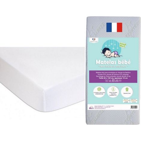 Matelas 60x120 cm + 2 Alèses Coton BIO Blanc (1/4)