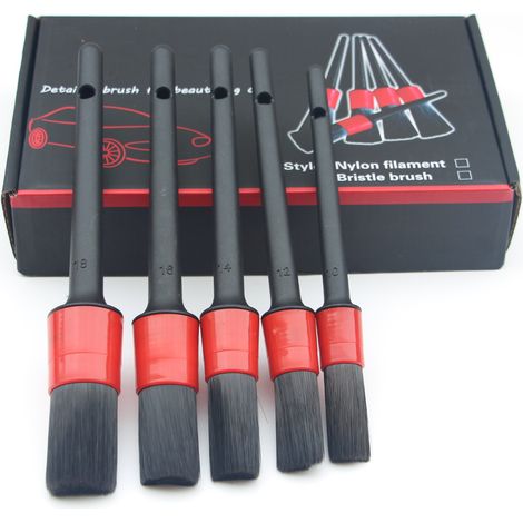 Set di 5 spazzole per la pulizia dell'auto con setole morbide di cinghiale per uso interno o esterno, ruote, cruscotto, pelle, emblemi (1/5)