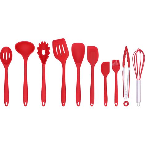 Lot de 10 ustensiles de cuisine en silicone antiadhésif, spatule, cuillère, fouet, pinceau, ustensiles de cuisine rouge (1/5)