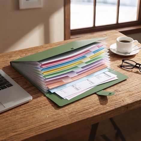 Organiseur de documents A4 avec 8 poches en plastique portable en accordéon etiquettes colorées, haute capacité, vert (1/5)