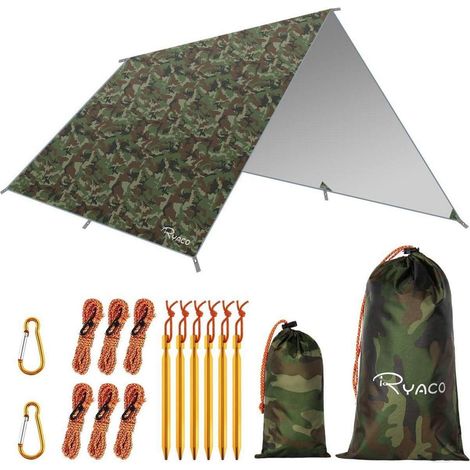 Zeltplane 3x3m wasserdicht ultraleicht mit Heringen & Seilen für Camping (1/5)