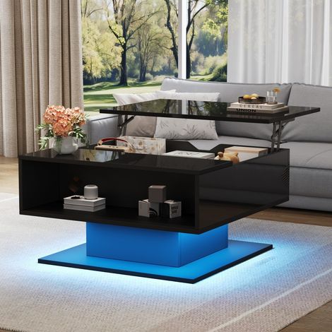 Table Basse Relevable Hydraulique avec LED - 80x75x40cm - Table de Salon Plateau Réglable Effet Brillant avec Rangement - Noir (1/5)