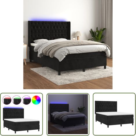 The Living Store Sommier à lattes de lit matelas et LED Noir 140x200 cm Velours - Lit Plateforme - Lit Capitonné - Lit Design - Lit Double - Matelas À Ressorts Ensachés (1/5)