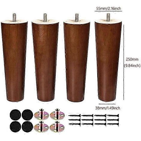 Lot de 4 pieds de meuble en bois massif, hauteur 8-25 cm, adaptés aux tables basses, lits, meubles TV, chaises, etc., avec embouts de rechange, fixation par vis, couleur noyer, M8-25CM-A-4PCSZsh (1/5)