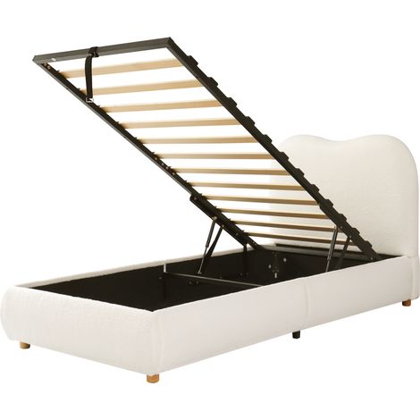 Cama infantil tapizada 90 x 200 cm con somier de láminas y arcón, bouclé beige (1/5)