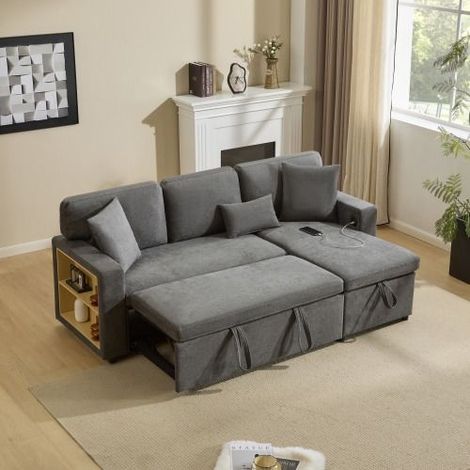 Canapé d’angle convertible 4 places en tissu gris foncé, canapé L avec fonction lit, coffre de rangement, étagère intégrée et port USB (1/5)