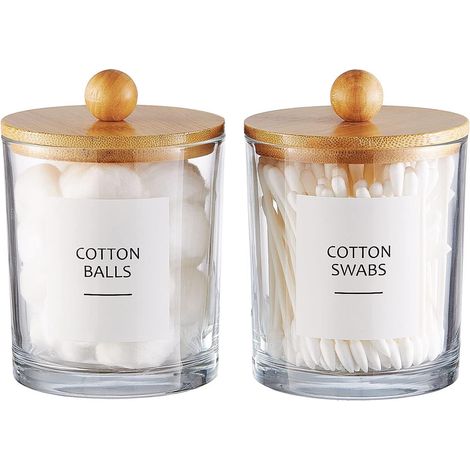 Glass Apothecary Jar - Bamboo Lid - 8 cm Diameter x 10 cm Height - Bathroom Cotton Ball and Q Tip Storage - 2 Pack (1/5)