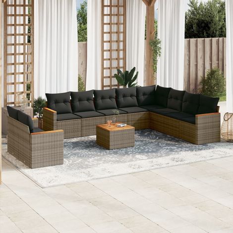 Ensemble Salon Jardin 11 Places Résine Tressée Gris avec Coussins et Table Acacia - Modulable (1/3)