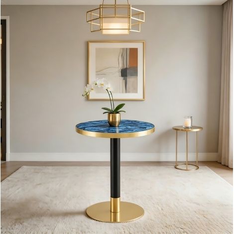 Tavolino rotondo 60 cm effetto marmo blu, struttura in MDF e metallo, bordo dorato HAVRYA (1/5)