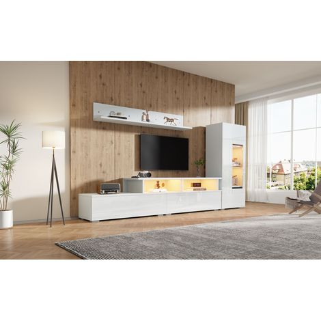 Set de meubles de salon en verre trempé, composé de 3 pièces. Éclairage LED. Meuble pour le salon : 1 armoire à télévision, 1 vitrine pour le salon, 1 étagère suspendue. La taille maximale du télévise (1/5)