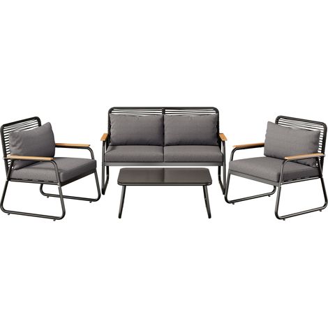 Conjunto de Jardín de 4 Plazas en Metal y Poliéster con Sofá, Mesa, 2 Sillones y Cojines Gruesos, Negro (1/5)