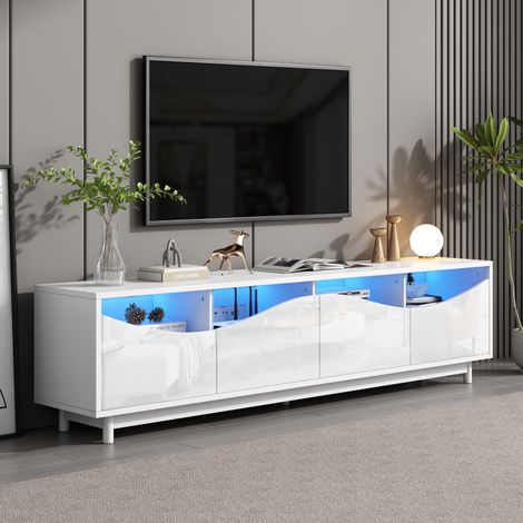 Mobile TV 175x38x51 cm, porta TV per camera da letto con anta in vetro temperato e LED, , MDF, bianco, per soggiorno (1/5)