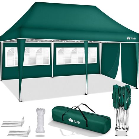 tillvex Pavillon 3x6m - mit 3 Seitenwänden Grün wasserdicht  Pop-Up Faltpavillon höhenverstellbar  Gartenzelt UV Schutz 50+  Partyzelt mit Tasche für Garten