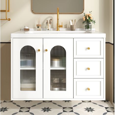 Mueble de baño con lavabo 80 cm, mural, MDF blanco, 2 cajones, puerta de vidrio esmerilado HAVRYA (1/5)