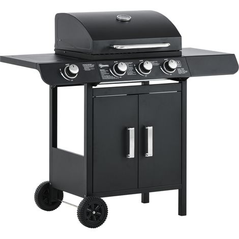 Barbecue a Gas con Coperchio, 4 Bruciatori da 11.6kW, Fornello, Mensola e 2 Ruote, 110x50x100cm Nero